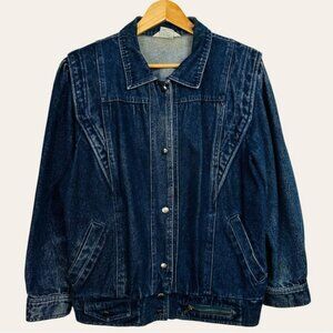 Vintage 80s Snap Up Denim Jean Retro Oversized Pleated Rockabilly Bomber Jacket